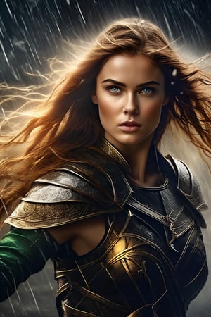 breathtaking illustration of beautiful young (sexy:2.0) brave irish female warrior coming out from storm with thunder and lightning, alluring, (perfect eyes:2.0), (perfect hands:2.0), evocative dynamic action pose . dark and moody style, Splash art, sharp focus, focus on eyes, hyperrealistic, volumetric lighting, dramatic lighting, cinematic lighting, exquisite details, highly detailed, UHD, 64k resolution