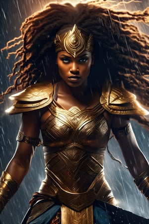 breathtaking illustration of beautiful young (sexy:2.0) brave african female warrior coming out from storm with thunder and lightning, alluring, (perfect eyes:2.0), (perfect hands:2.0), evocative dynamic action pose . dark and moody style, Splash art, sharp focus, focus on eyes, hyperrealistic, volumetric lighting, dramatic lighting, cinematic lighting, exquisite details, highly detailed, UHD, 64k resolution