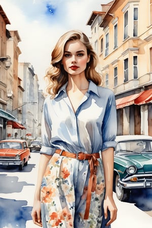 a highly detailed portrait illustration of a beautiful young women in retro city . watercolor painting, full body shot