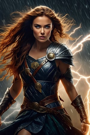 breathtaking illustration of beautiful young (sexy:2.0) brave irish female warrior coming out from storm with thunder and lightning, alluring, (perfect eyes:2.0), (perfect hands:2.0), evocative dynamic action pose . dark and moody style, Splash art, sharp focus, focus on eyes, hyperrealistic, volumetric lighting, dramatic lighting, cinematic lighting, exquisite details, highly detailed, UHD, 64k resolution