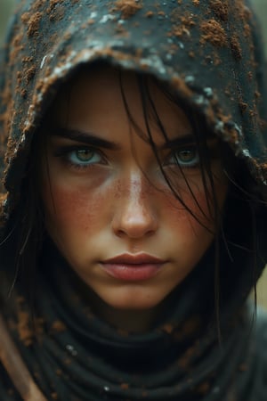 breathtaking cinematic close-up portrait of female assassin warrior, mud and dust around, warm colors, dark and moody, soft colors, film grain, dramatic lighting, exquisite details