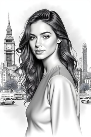 a highly detailed pencil sketch portrait of a beautiful young women in retro city