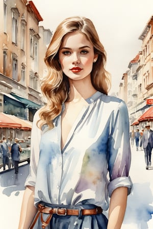 a highly detailed portrait illustration of a beautiful young women in retro city . watercolor painting, full body shot