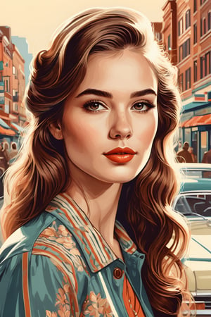 a highly detailed portrait illustration of a beautiful young women in retro city