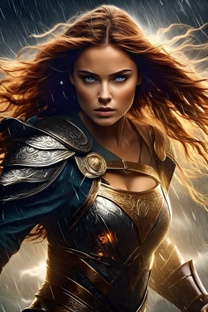 breathtaking illustration of beautiful young (sexy:2.0) brave irish female warrior coming out from storm with thunder and lightning, alluring, (perfect eyes:2.0), (perfect hands:2.0), evocative dynamic action pose . dark and moody style, Splash art, sharp focus, focus on eyes, hyperrealistic, volumetric lighting, dramatic lighting, cinematic lighting, exquisite details, highly detailed, UHD, 64k resolution