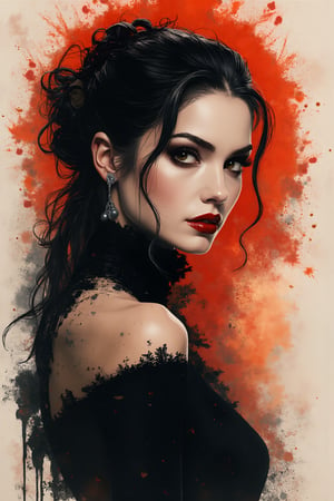 breathtaking cinematic ink drawing illustration, head and shoulders portrait of elegant female vampire, splashes around, warm colors, dark and moody, dramatic lighting, exquisite details