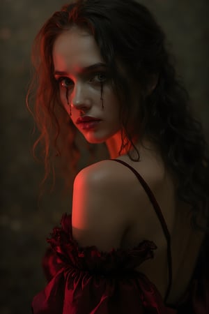 breathtaking cinematic head and shoulders portrait of sexy female vampire, splashes around, warm colors, dark and moody, dramatic lighting, exquisite details