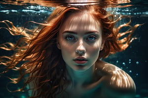 breathtaking illustration of young beautiful (sexy:2.0) girl with flowing copper hair, underwater with light coming trough water from above, alluring, (perfect eyes:2.0), (perfect hands:2.0), evocative dynamic action pose, curvy body . dark and moody style, ink illustration, Splash art, sharp focus, focus on eyes, hyperrealistic, volumetric lighting, dramatic lighting, cinematic lighting, exquisite details, highly detailed, UHD, 64k resolution