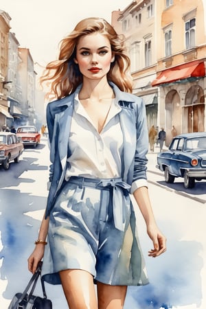 a highly detailed portrait illustration of a beautiful young women in retro city . watercolor painting, full body shot