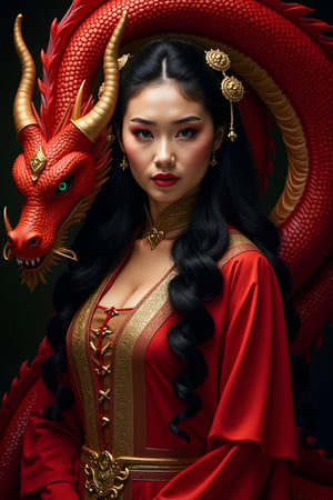 A stunning portrait of an elegant woman dressed in traditional, richly decorated red and gold attire. She has long, flowing black hair adorned with intricate golden hairpieces. A majestic red dragon is coiled around her, with its head positioned near her shoulder, exuding a sense of power and mystique. The dragon’s scales are detailed and shimmering, and its eyes glow with an intense green hue. The background should be dark and moody, emphasizing the dramatic and regal atmosphere of the scene, with the woman’s expression reflecting calm confidence.