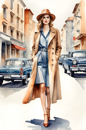 a highly detailed portrait illustration of a beautiful young women in retro city . watercolor painting, full body shot