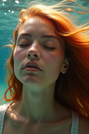 hyperrealistic close-up underwater portrait of young beautiful woman with long windy cooper hair in sun light coming from above