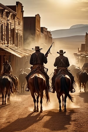 breathtaking RAW photo of wild west vestern street scene scene with cowbows with guns in hands . cinematic light, dark and moody style, award-winning, professional, hires 64k, intricate detailsn highly detailed, UHD