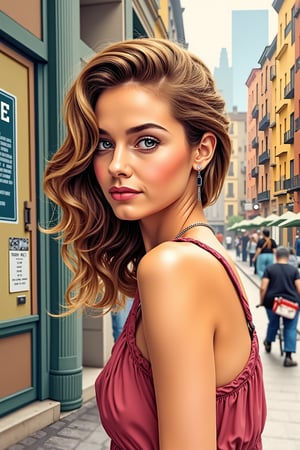 a highly detailed portrait illustration of a beautiful young women in retro city . (watercolor painting:2.0)