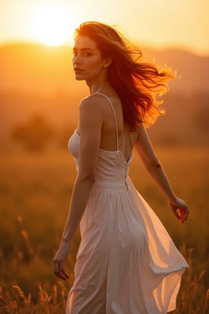 an ephemerally beautiful portrait of a young red-haired sexy woman in a light summer dress, frolicking in the soft enchanting light of the setting sun