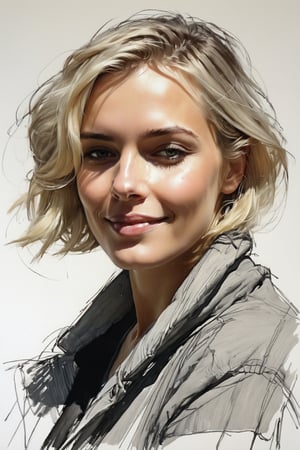 Masterpiece, best quality, dreamwave, aesthetic, 1woman, open look, (looking into the eyes), smiling charmingly sexy, free field of sheet, short blonde hair, sketch, lineart, pencil, white background, portrait by Alizee, Style by Nikolay Feshin, artistic oil painting stick,charcoal \(medium\),