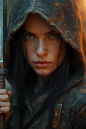 breathtaking cinematic close-up portrait of female assassin warrior, mud and dust around, warm colors, dark and moody, dramatic lighting, exquisite details