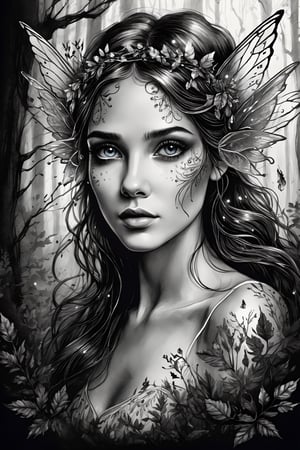 breathtaking ethereal ink drawing of beautiful forest fairy in magic forest, (perfect eyes:2.0), (perfect hands:2.0) . dark and moody style, ink illustration, Splash art, sharp focus, focus on eyes, hyperrealistic, volumetric lighting, dramatic lighting, cinematic lighting, exquisite intricate details, highly detailed, UHD, 64k resolution, hires