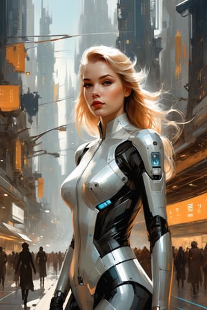 a highly detailed illustration of a beautiful young women in futuristic city 2024 by Andrew Loomis,Gregory Manchess,Russ Mills,Berthe Morisot