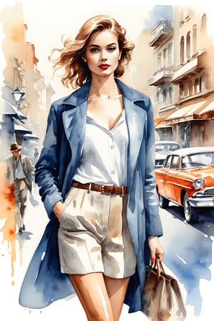 a highly detailed portrait illustration of a beautiful young women in retro city, alluring, dinamic action pose . watercolor painting, full body shot