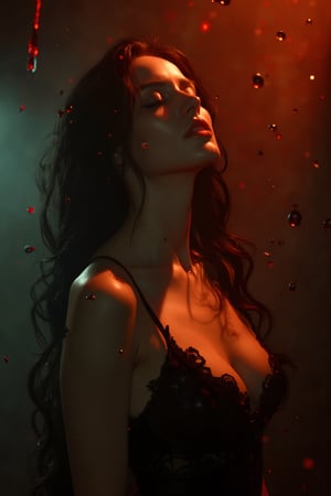 breathtaking cinematic head and shoulders portrait of sexy female vampire, splashes around, warm colors, dark and moody, dramatic lighting, exquisite details