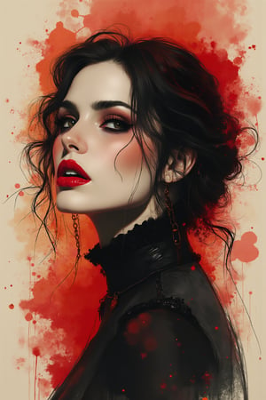 breathtaking cinematic ink drawing illustration, head and shoulders portrait of elegant female vampire, splashes around, warm colors, dark and moody, dramatic lighting, exquisite details