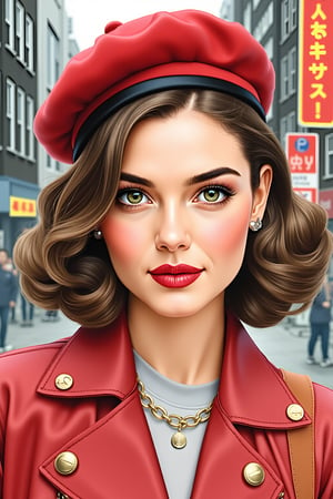 a highly detailed portrait illustration of a beautiful young women in retro city . watercolor painting