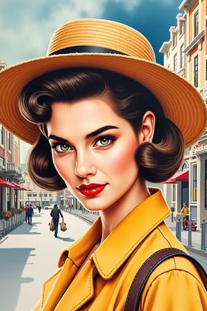 a highly detailed portrait illustration of a beautiful young women in retro city . watercolor painting