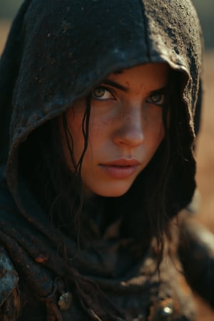 breathtaking cinematic close-up portrait of female assassin warrior, mud and dust around, warm colors, dark and moody, soft colors, film grain, dramatic lighting, exquisite details