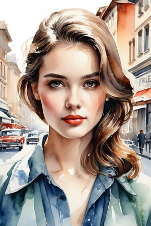 a highly detailed portrait illustration of a beautiful young women in retro city . watercolor painting