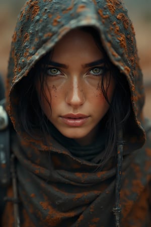 breathtaking cinematic close-up portrait of female assassin warrior, mud and dust around, warm colors, dark and moody, dramatic lighting, exquisite details