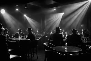 breathtaking ethereal film noir photograph, night jazz in dark and smokie night club . black and white, dark and moody style, Splash art, soft focus, focus on eyes, hyperrealistic, volumetric lighting, dramatic lighting, cinematic lighting, exquisite details, highly detailed, UHD, 64k resolution, hires