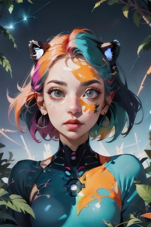 (masterpiece:1.1),(highest quality:1.1),(HDR:1),extreme quality,cg,(negative space),detailed face+eyes,1girl,fox ears,animal ear fluff,(plants:1.18),(fractal art),(bright colors),splashes of color background,colors mashing,paint splatter,complimentary colors,neon,(thunder tiger),compassionate,electric,limited palette,synthwave,fine art,tan skin,upper body,(green and orange:1.2),time stop,sy3,SMM