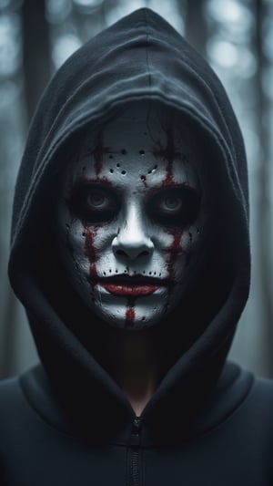 High detail, masterpiece, high definition, high definition, imagine a scary female serial killer in the dark forest,Scary mask on the face, wearing a black hoodie ,looking for her prey to kill and dismember them with his knife,(blood), forest, foggy air, (scary atmospher),horrible,black theme,8k 