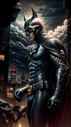 "Create a striking visual representation of Batman patrolling the shadowed streets of Gotham City. Emphasize the brooding atmosphere and iconic silhouette of the Dark Knight as he stands atop a towering Gotham rooftop, his cape billowing in the night wind. Incorporate the bat symbol in a creative way, evoking the essence of justice and mystery that defines this iconic superhero."