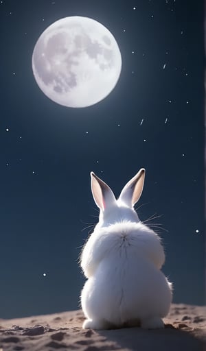 No Humans, Depth of Field, Chinese Wind, Rabbit Looking at the Moon, Moon Background, Milky Way Sky, Night, Rabbit on the Moon, No Land, Soft Moonlight, Kawaii, Fat, Rabbit Back in Center,

