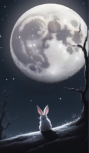 No Humans, Round Full Moon Background, Night, Rabbit Sitting on Full Moon, No Land, Soft Moonlight, Kawaii, Fat, Rabbit Back in Center,