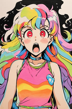 ((Without background)),(chillout Smoking marijuana,open mouth,stoner girl),1girl,solo,(1990s rave style),retro artstyle),(rainbow colored hair),(sexual sleeveless tops),(red eyes,psycho laughing, Bloodshot eyes from the effects of marijuana),(short wavy hair),(upper body,looking at viewer,fisheye lens),(heavy oil painting,traditional media,),