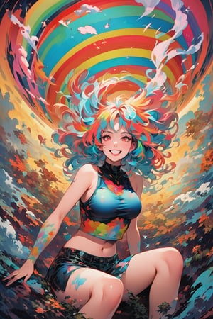 Stoner Girl's Rave Revelation: A 1990s-inspired oil painting featuring a solo female subject with short, wavy hair and rainbow-colored locks. She sits in a surreal atmosphere, sans background, with her mouth agape, red eyes gleaming from the effects of marijuana. Her awesome bosom is showcased beneath a sleeveless top, as she laughs maniacally with a psycho grin. Fisheye lens distortion adds to the dreamlike quality, while heavy brushstrokes and traditional media evoke a sense of retro artistry.