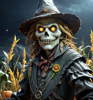 bad fantasy scarecrow, hungry, slim, highly detailed face, looking into the camera, standing in a grave, hat, dark fantasy, detailed, 3d fractals, light particles, shimmering light, surreal, shimmering, perfect composition, detailed, insanely detailed, octane render trending on artstation, 8 k artistic photography, photorealistic concept art, soft natural volumetric cinematic perfect light, full body view