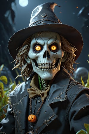 bad fantasy scarecrow, hungry, slim, highly detailed face, looking into the camera, standing in a grave, hat, dark fantasy, detailed, 3d fractals, light particles, shimmering light, surreal, shimmering, perfect composition, detailed, insanely detailed, octane render trending on artstation, 8 k artistic photography, photorealistic concept art, soft natural volumetric cinematic perfect light, full body view