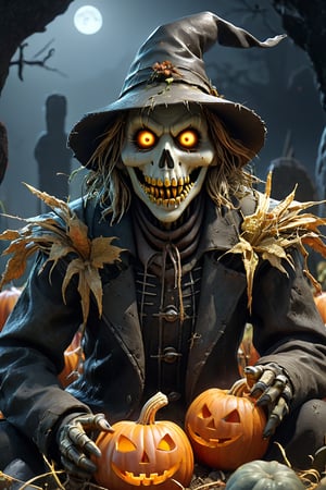 bad fantasy scarecrow, hungry, eating a pumpkin, slim, highly detailed face, looking into the camera, standing in a grave, hat, straw, dark fantasy, detailed, 3d fractals, light particles, shimmering light, surreal, shimmering, perfect composition, detailed, insanely detailed, octane render trending on artstation, 8 k artistic photography, photorealistic concept art, soft natural volumetric cinematic perfect light, full body view