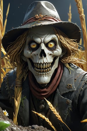 bad fantasy scarecrow, hungry, slim, highly detailed face, looking into the camera, standing in a grave, hat, straw, dark fantasy, detailed, 3d fractals, light particles, shimmering light, surreal, shimmering, perfect composition, detailed, insanely detailed, octane render trending on artstation, 8 k artistic photography, photorealistic concept art, soft natural volumetric cinematic perfect light, full body view