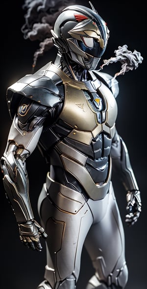 white armor suit (lion theme), wolf_tail, photographic super realistic masterpiece 4K HDR quality image, perfecteyes, Male armor suit,RRS,WARFRAME,futubot ,black-smoke, full_body, looking_at_viewer,White_Ranger,Kamen_Rider_Black_RX