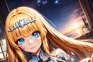 {{best quality}}, {{masterpiece}}, {{ultra-detailed}}, {illustration}, {detailed light}, {an extremely delicate and beautiful}, a girl, {beautiful detailed eyes}, stars in the eyes, depth of field, 1girl, solo, Calca, Calca Bessarez, blonde hair, (extremely long hair:1.3), very long hair, white tiara, white dress, blue eyes, medium chest,extremely long hair