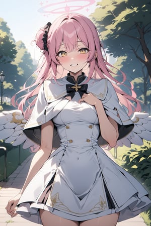 (8K, masterpiece,best quality, good anatomy:1.25), mika misono, yellow eyes, pink hair, hair bun, halo, single side bun,angel wings, black scrunchi, capelet, dress, halo, low wings, pink halo, scrunchie, white capelet, white dress, white wings ,smile ,cowboy_shot,park,