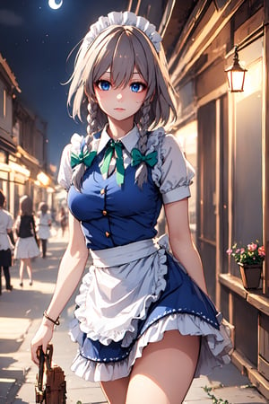 Beautiful girl. The background of the picture is a luxurious ancient city. Detailed eyes, detailed image, detailed skin; . blue eyes. Proportional and beautyful body. It's nightime.,pastelbg,Beautiful,izayoi_sakuya_touhou, izayoi sakuya, maid, , grey hair, medium breasts, , , indoors,, serious face, blue eyes, dark blue eyes, green ribbons,