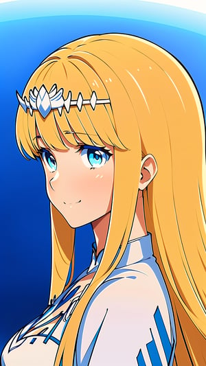 best quality,highres ,finely detailed,bangs ,smile,,looking_at_viewer,from side,1girl, solo, Calca, Calca Bessarez, blonde hair, (extremely long hair1.3), very long hair, white tiara, white dress, blue eyes, medium chest, 