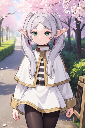 frieren, pikkyfrieren, long hair, twintails, (green eyes), (grey hair), pointy ears, elf, shirt, long sleeves, jewelry, pantyhose, earrings, black pantyhose, capelet, white striped shirt, outdoors, (sky:1.1), nature, solo, walking, (stone road), (upper body), looking at viewer, (masterpiece:1.2), best quality, high resolution, unity 8k wallpaper, (illustration:0.8), (beautiful detailed eyes), extremely detailed face, perfect lighting, extremely detailed CG, (perfect hands, perfect anatomy), cherry blossoms, falling petals