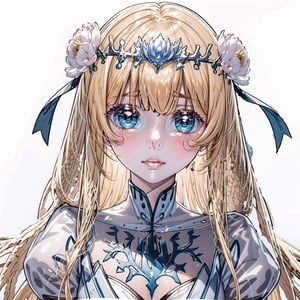 1girl, solo, looking at the viewer, blush, simple background, white background, upper body,flower,  , , virtual YouTuber, floral print, Calca, blonde hair, , medium chest, extremely long hair, very long hair, extra long hair, white tiara, white dress, detailed eyes, blue eyes